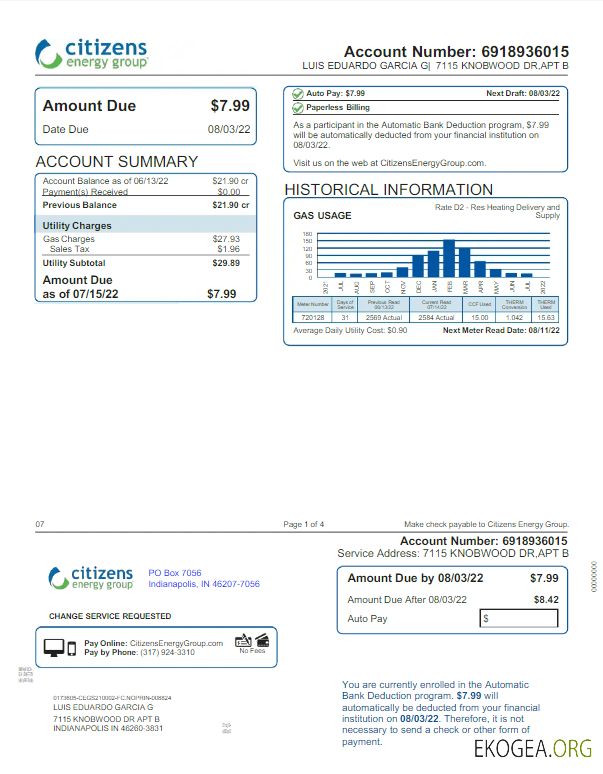 USA INDIANAPOLIS CITIZENS ENERGY GROUP utility bill Word and PDF template